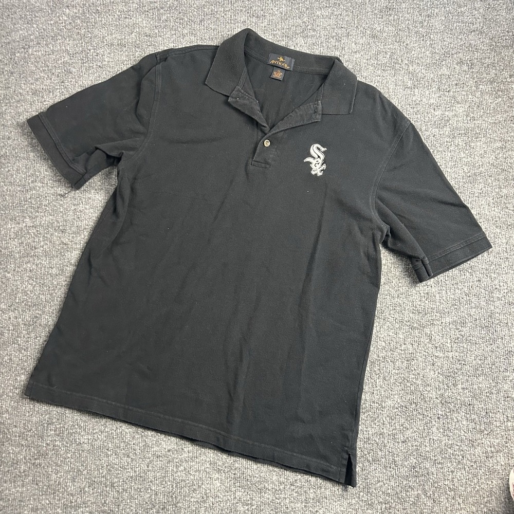 Chicago White Sox Polo Shirt Mens Medium Black MLB Baseball Antigua Embroidered